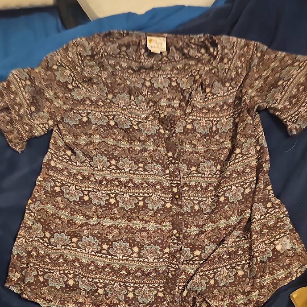 Floral Sheer Turquiose Brown Patterned Button-Up Shirt